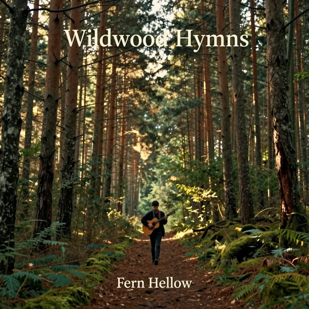 Indie folk album cover of a traveler with a guitar on a forest trail, titled Wildwood Hymns by Fern Hollow