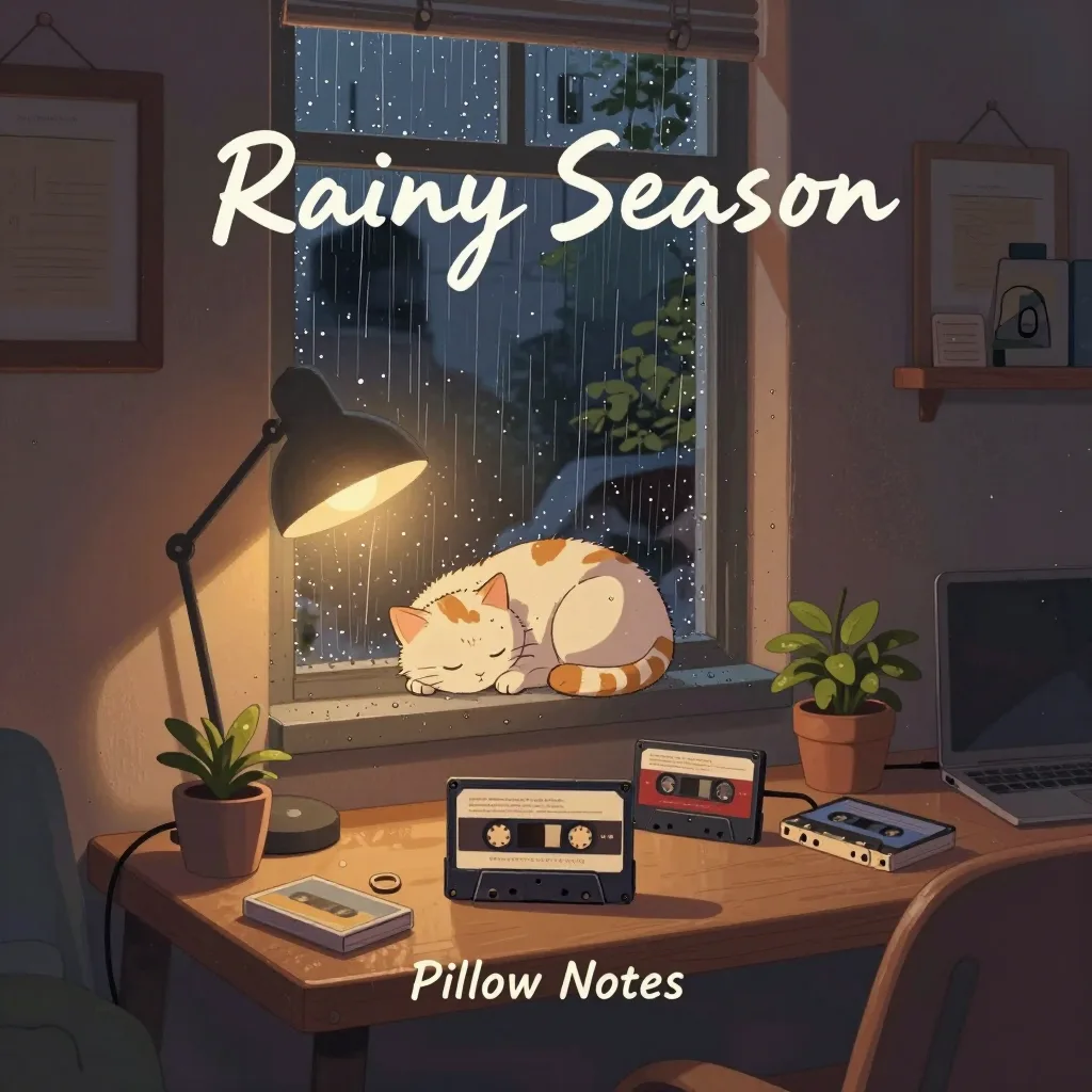 Lo-fi hip-hop album cover of a cat asleep on a rainy windowsill, titled Rainy Season by Pillow Notes