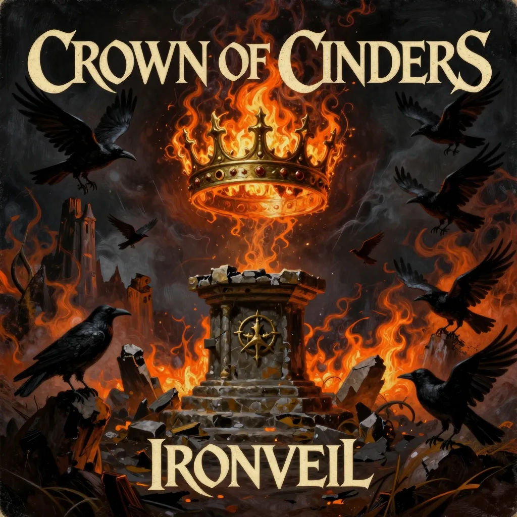 Heavy metal album cover of a burning crown over a ruined altar, titled CROWN OF CINDERS by IRONVEIL