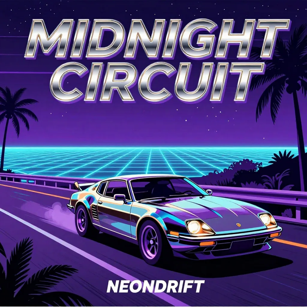 Synthwave album cover with a chrome car on a neon highway, titled MIDNIGHT CIRCUIT by NEONDRIFT